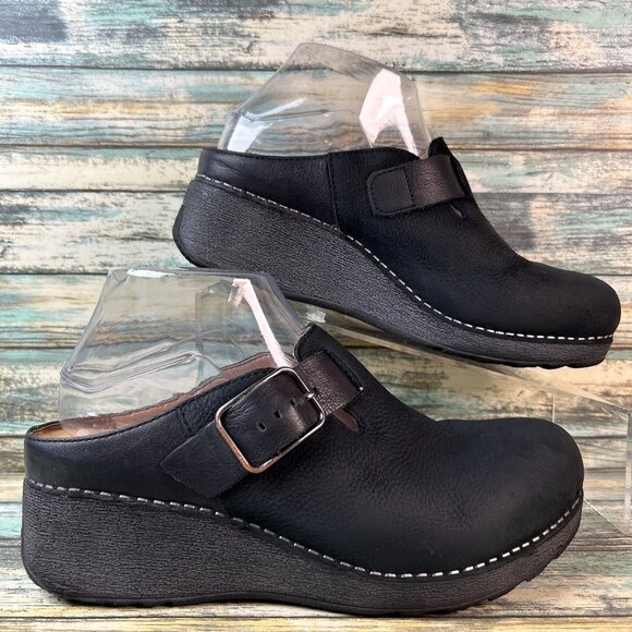 Dansko Platform Mule Womens Caia 7.5-8 Black Leather Casual Shoes Clog Slip Ons - Picture 1 of 11